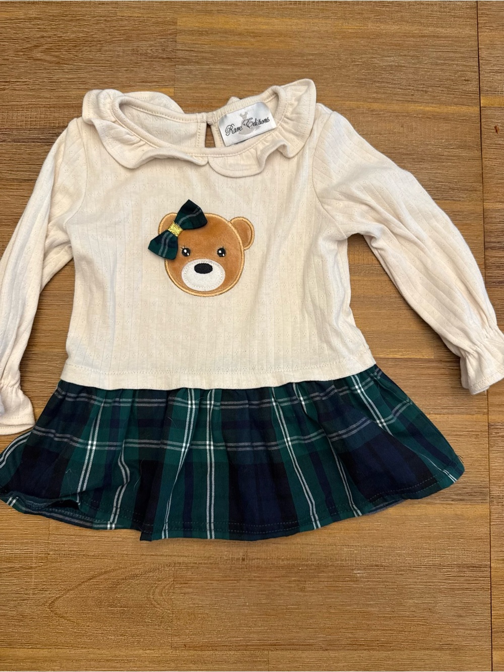 Rare Editions Cream Long Sleeve Top with Bear Appliqué and Green/Navy Plaid Hem